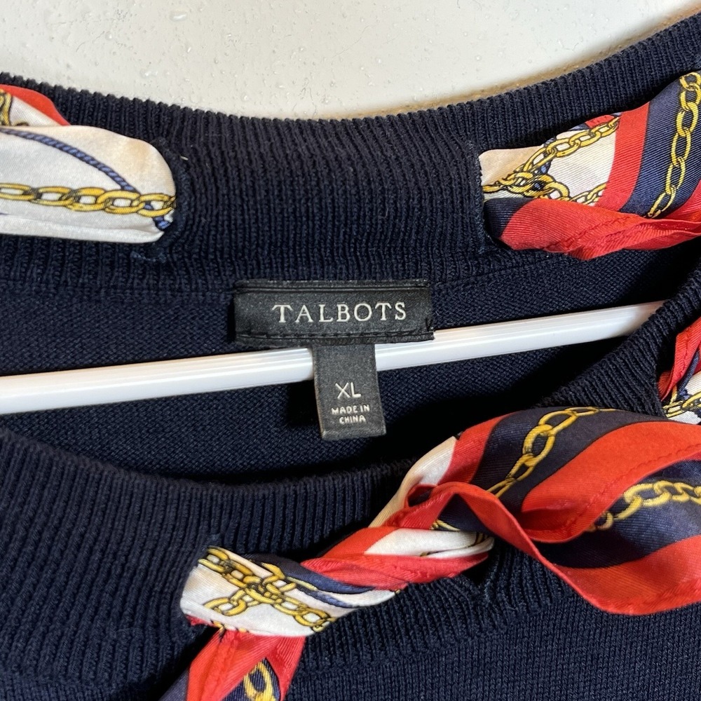 TALBOTS Sweater Womens Sz XL Silk Scarf Classic Navy Blue Cotton Tencel Nautical - Picture 2 of 7